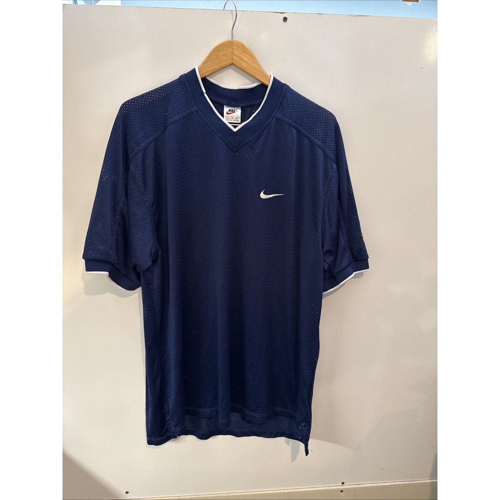 Vintage Nike Dri-FIT navy blue mesh training Jersey shirt men's LG white swoosh